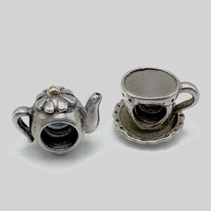 Pandora Two-Tone Teapot & Cup and Saucer Sterling Silver Charms Set of 2